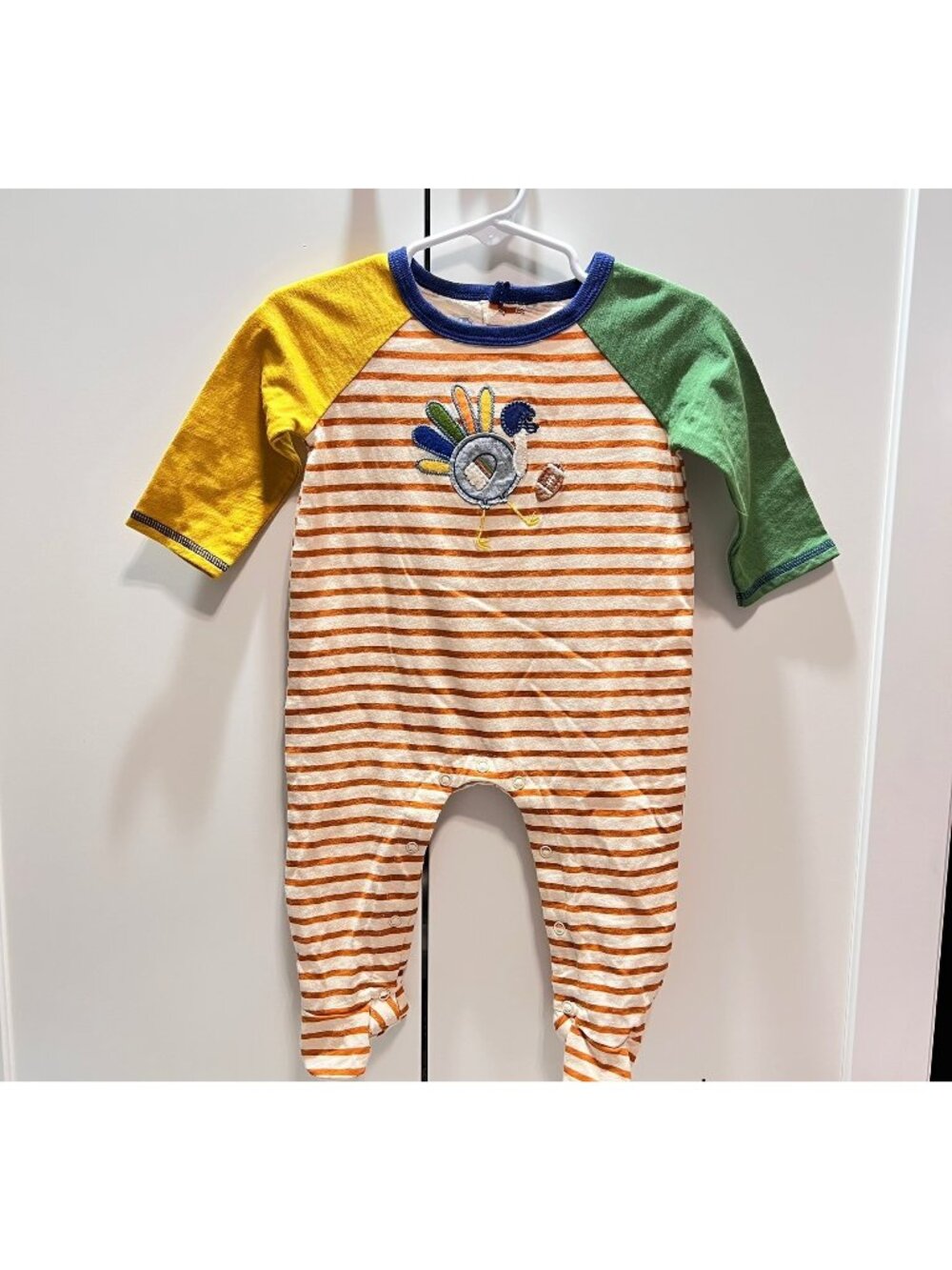 Mud Pie 3m 6m NWOT Thanksgiving football Turkey Footed romper sleeper embroidery
